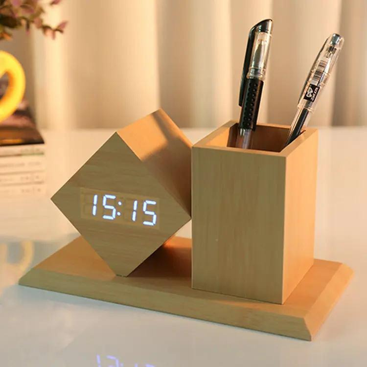 Wholesale Office Alarm and Thermometer Crystal Stand Digital Desk Table Wooden Clock with Pen Holder For Promotional Gift