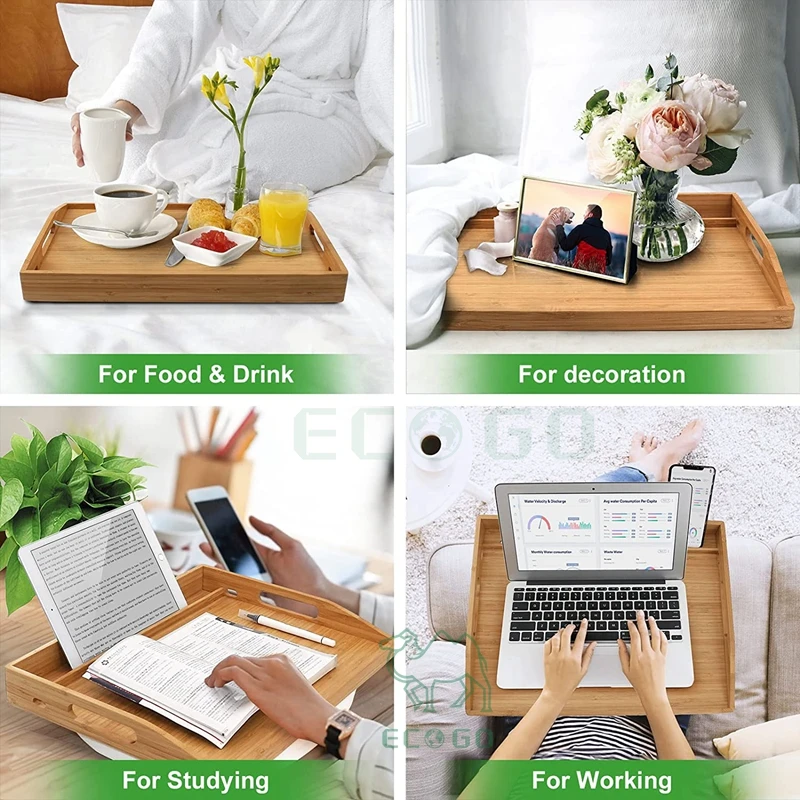 Bamboo Serving Tray with Handle and Pillow, Lap Tray for Laptop, Tablet, Phone, Food Serving Table for Coffee, Breakfast