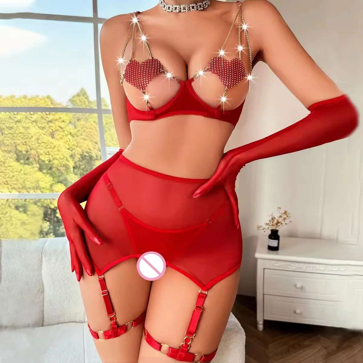 Valentines Open Chest Lingerie Luxury Lace Push Up Half Cup Bra With Chain Sexy Red Delicate Underwear Valentine Sissy Intimate