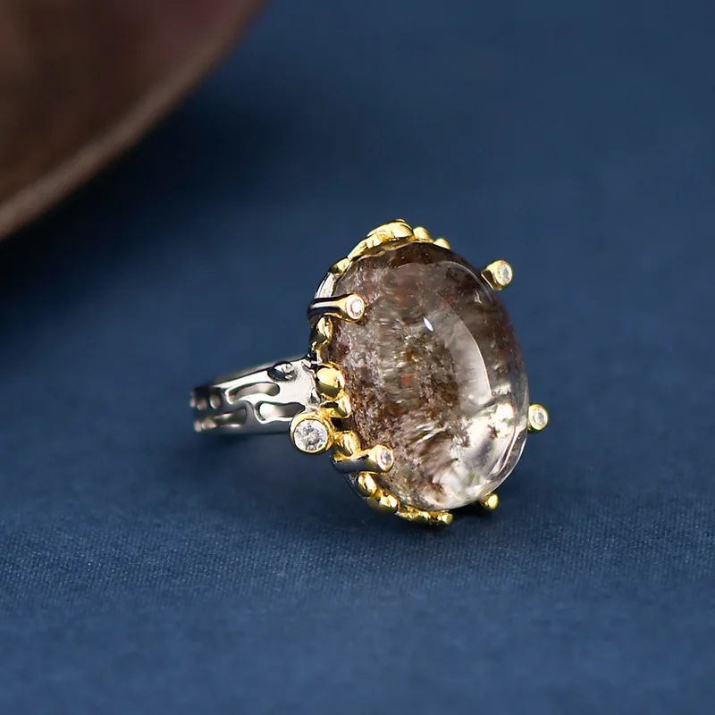 Italy Sterling Silver Jewelry Oval Gemstone Ring Gold Plated Natural Rock Crystal Stone Rings Jewelry For Women Girls
