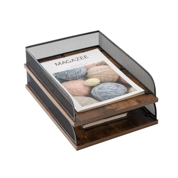 Set of 2 Vintage Wood and Metal Letter Tray Desk Organizers Paper Tray Wooden Office File Organizer