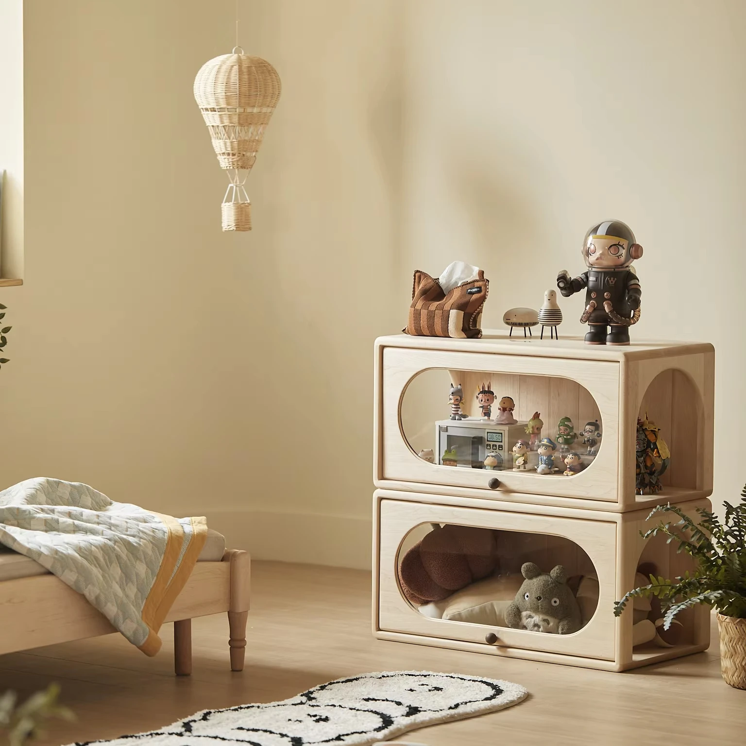 OKTOTA multifunctional display cabinet show case with glass design solid wood showcases for living room