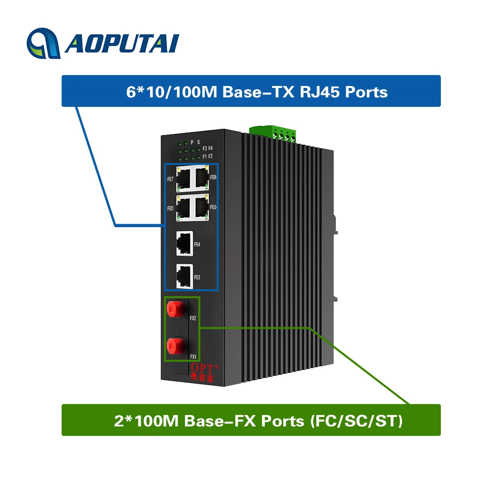 Industrial Grade managed 6 100M RJ45 Port And 2 100M Base-FX Fiber Port Network Switch