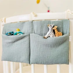 Toddler newborn cotton muslin Baby Bed Organizer Crib Two Pockets Hanging Storage Bag for Infant Diaper Teether Toys