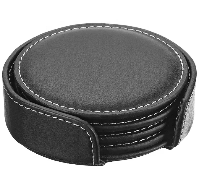 LG-D012 leather making  round thermal insulation 4 pcs/set coaster gift sets leather home and office use desktop coaster
