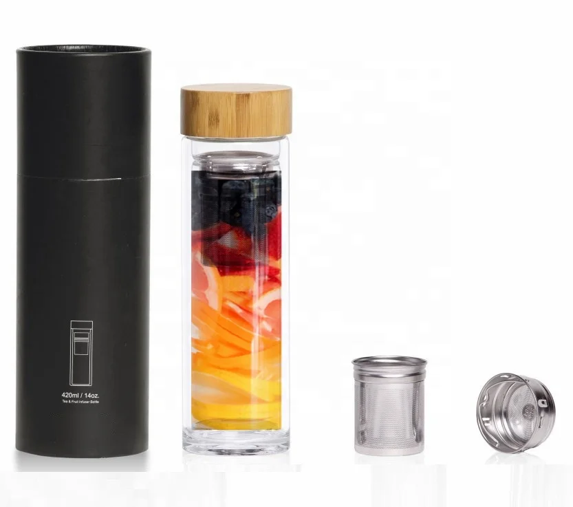 2023 hot selling double wall fruit tea infuser glass water bottle with rose gold metal cap bamboo lid