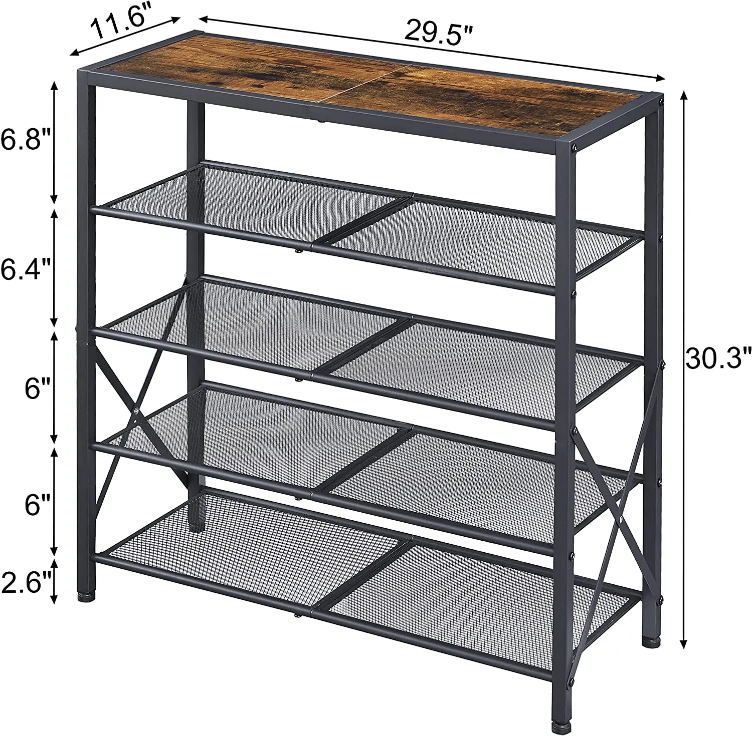 5 Tier Wardrobe Entrance Industrial Metal Mesh Shoe Storage Rack with X Fixed Frame Rustic Brown and Black