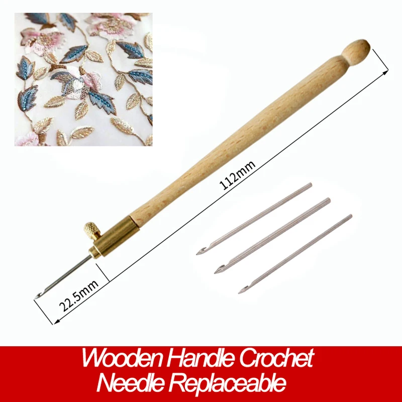 K630 Wooden Handle Tambour Crochet Hook with 3 Needles French Crochet Embroidery Beading Hoop Sewing Tool Set DIY Craft