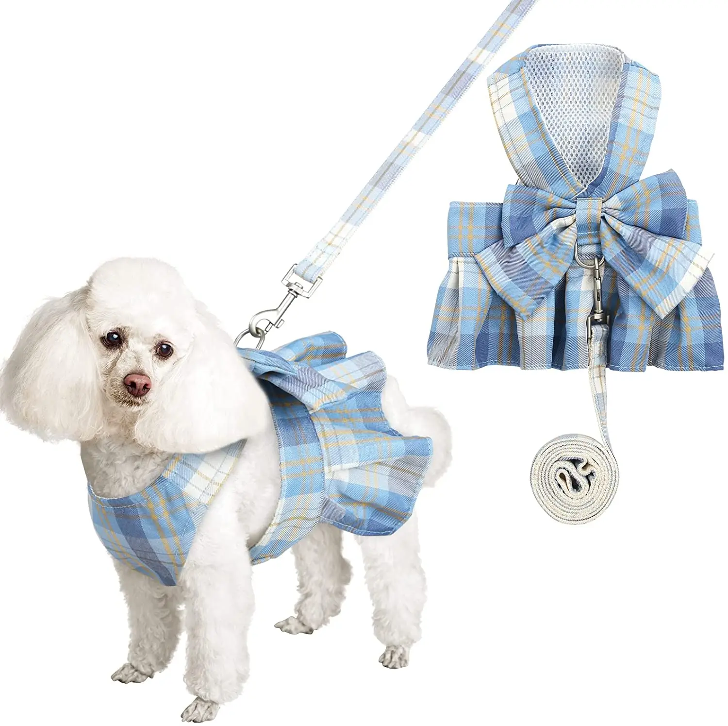 Dog Dress Harnesses for Small Dogs Girl Puppy Cat Bunny Rabbit Clothes Outfit Plaid Pet Cat Apparel Bow Doggy Dresses with Leash