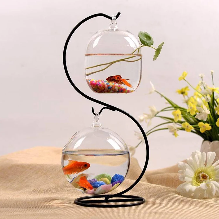 Long Gourd Glass Vase And Fish Bowl With Ring Hanging on Iron Stand Interesting Fish Jar for Mini Gold Fish