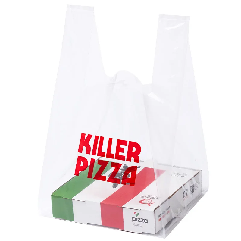 8' 9' 10' 12' Pizza cake box plastic carrier takeout delivery die cut handle packing bags with logo printing