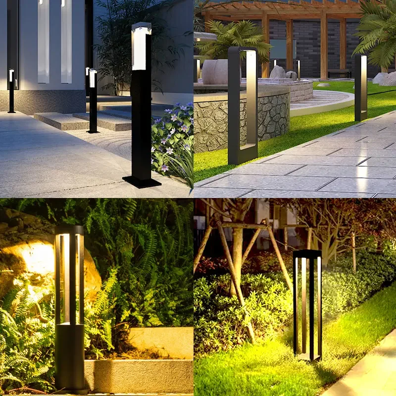 Solar Powered Moden Landscape Black Cylinder Waterproof Garden Pole Top Light Led Landscape Street Post Pole Bollard Light