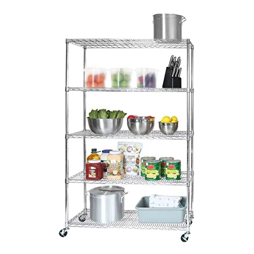 Wholesale NSF Approval 5 Tier Adjustable 800lbs Garage Metal Chrome Shelving Unit Racks, Heavy Duty Wire Shelf