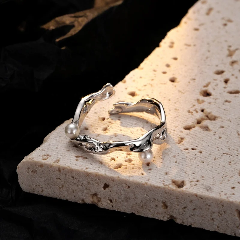 Icebela Jewelry 925 Sterling Silver Korean Version Of Simple All-in-one Hollow Broken Ring Female Hawaiian Pearl Rings