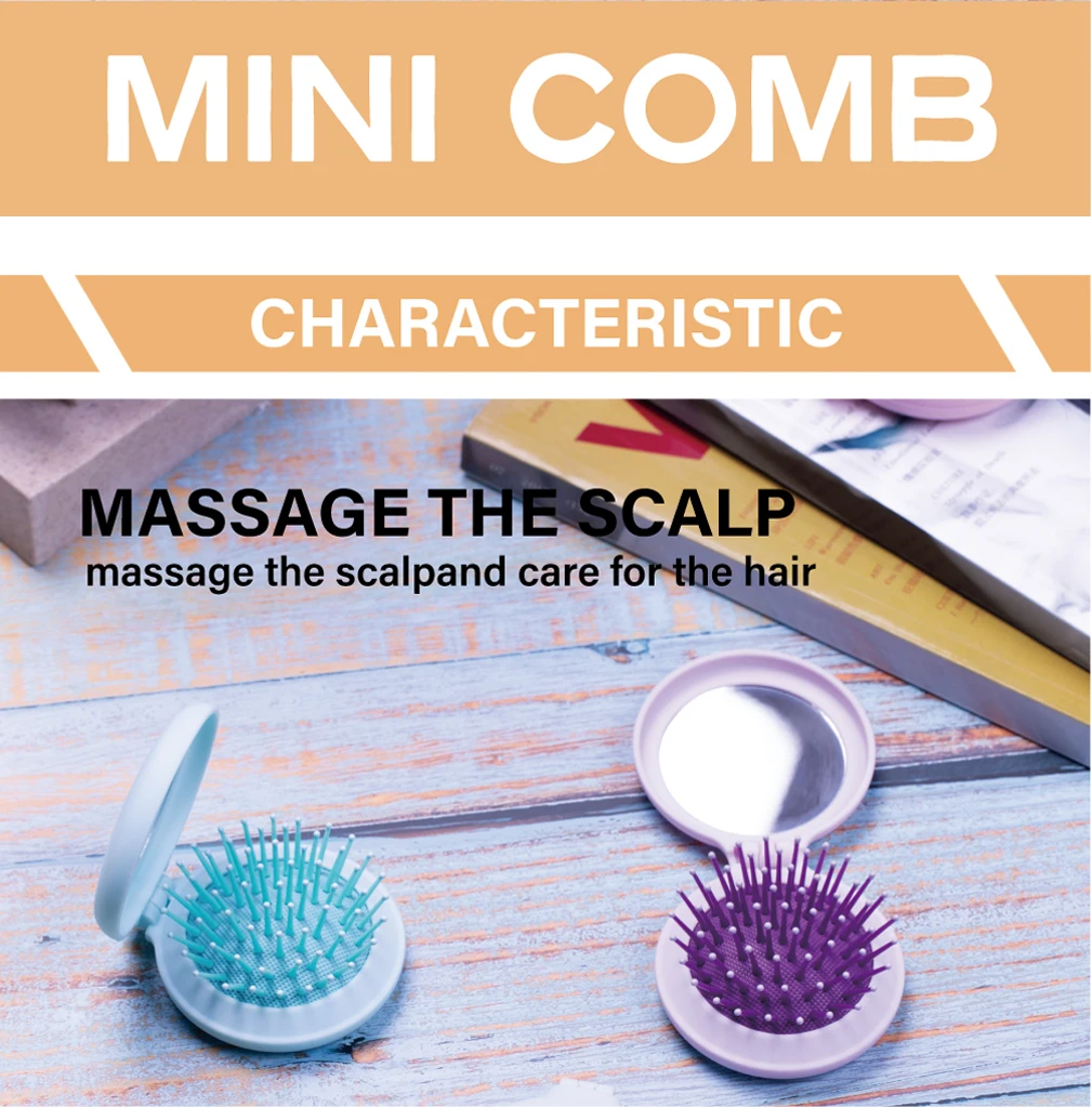 Detangling Hair Combs Mini Folding Pocket Pop-up Hair Brush Personalized Pocket Hair Comb with Mirror Plastic Ionic Round Brush