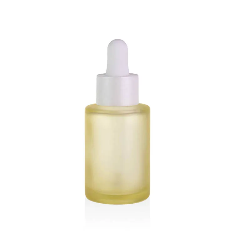 China warehouse cosmetic packaging 30ml frosted yellow liquid serum lotion foundation glass bottle serum with dropper