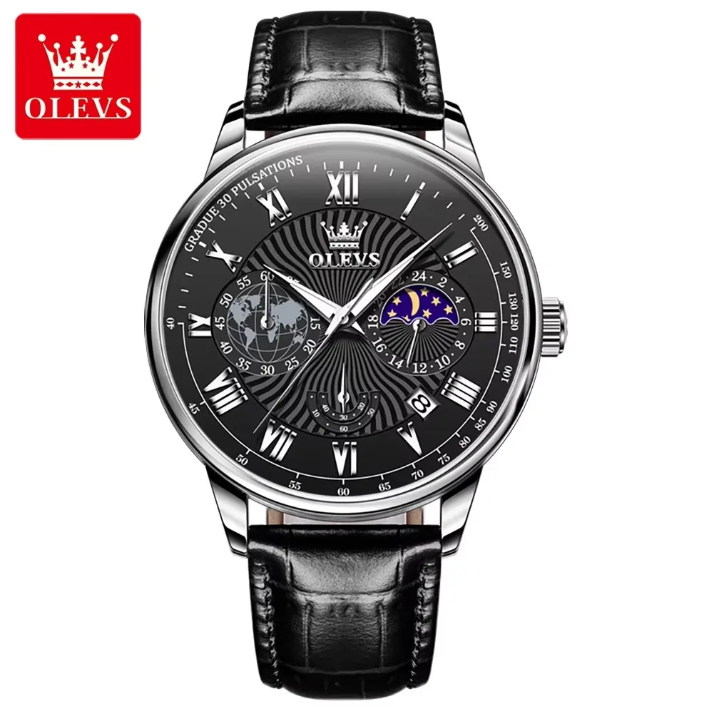 OLEVS 2893 Casual Quartz Watch Gift Genuine Leather Watchband Wristwatch Chronograph Calendar Waterproof Clock