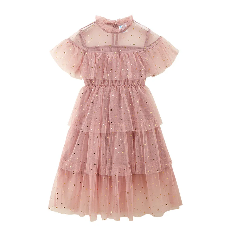 Summer Fashion Star Sequins Baby Girl Mesh Girls Ball Gown Dress Cute Princess Dress Perform Clothes Party Wedding Dress