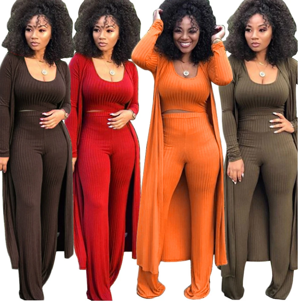 
3 piece suits ribbed jumpsuit with long coat 