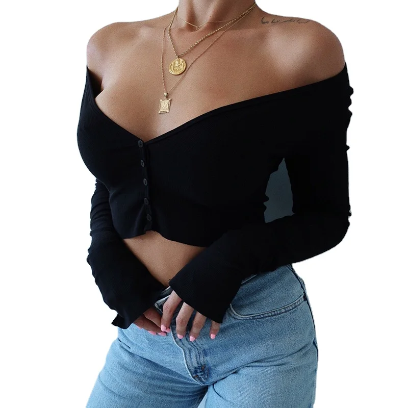 Sexy strapless deep V T-shirt women European and American new solid color deep V strapless backless button top