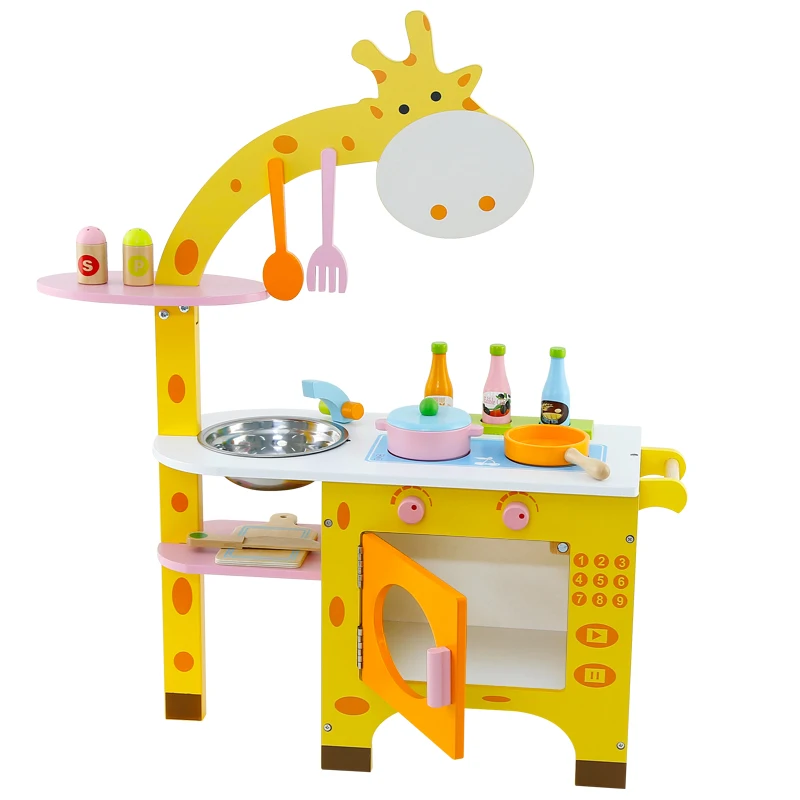 Wooden Cartoon Animal Giraffe Simulation Role Play Kids Cooking Toy Early Education Pretend Kitchen Sets Gifts Toys for