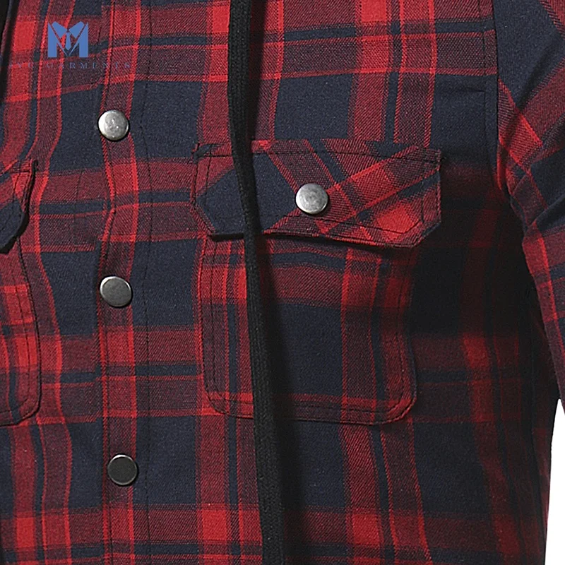 
2020 new style flannel big check double pocket long sleeve hooded flannel shirt 