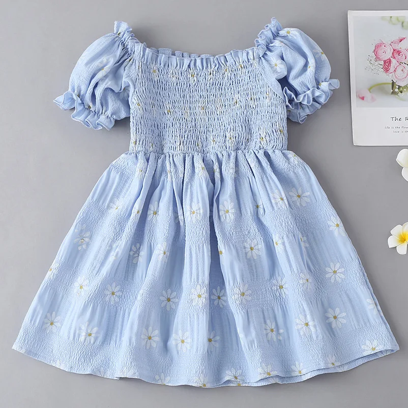 Summer 2022 Little Girl One-line One Shoulder Floral Print Dress Baby Flower Straps  Ruffle Top Tight Baby Girl Dress