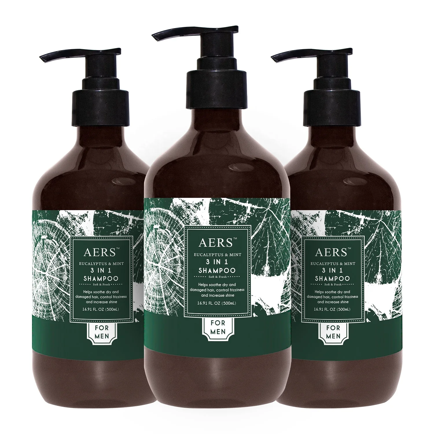 3 in 1 Shampoo 500ml / 16.9 oz - Eucalyptus & Mint Scent - Brown Bottle with Black Pump, Dark Green Label - For Men