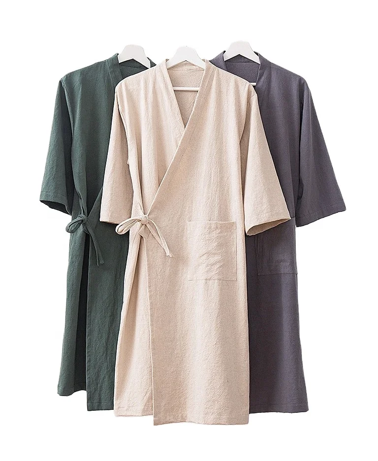 Cotton Linen Bath Robe Yukata Spa Sauna Bathrobe Sleepwear Loungewear Nightgown Dressing Gown