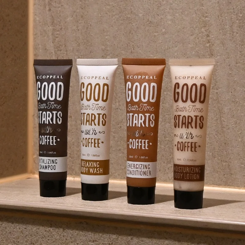 Custom Luxury Eco Friendly Compostable 20% Coffee Grounds Package 30ml Hotel Toiletries Bathroom Guest Amenities Set