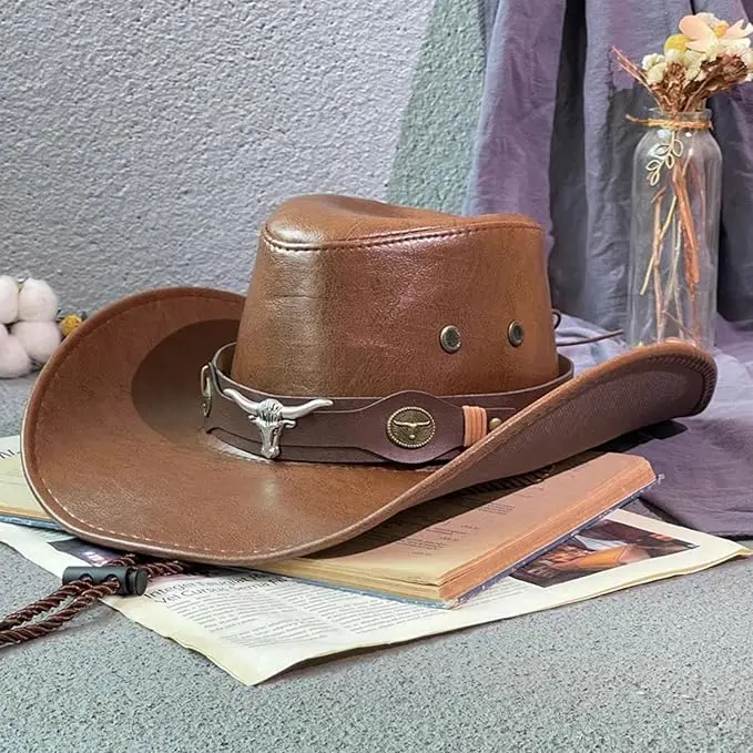 Western Costume Party Unisex Cowgirl Hat Leather Handmade Cowboy Hat With Bull Horn Belt