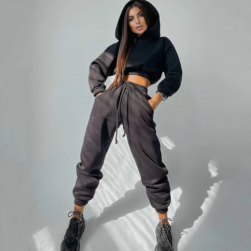 Wholesale Gym Wear Women Tracksuit Winter Sport Suits 2 Piece Set Casual Outfit Pullover Crop Top Hoodie+Sweatpants Jogger Set