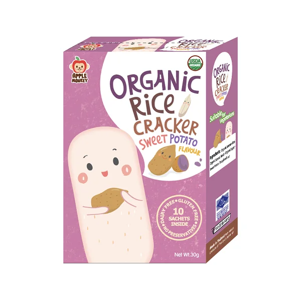 Malaysia Wholesalers Apple Monkey Healthy Baked Rice Cracker 30g Sweet Potato Flavour Baby Snack with Organic & HALAL Certified