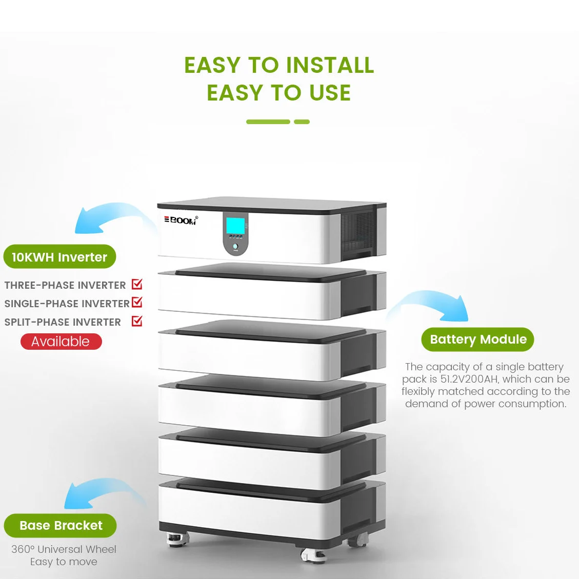 LiFePO4 Lithium Ion Battery 10Kwh 20Kwh Hybrid Inverter Solar Power Station Modular Stacked Batteries