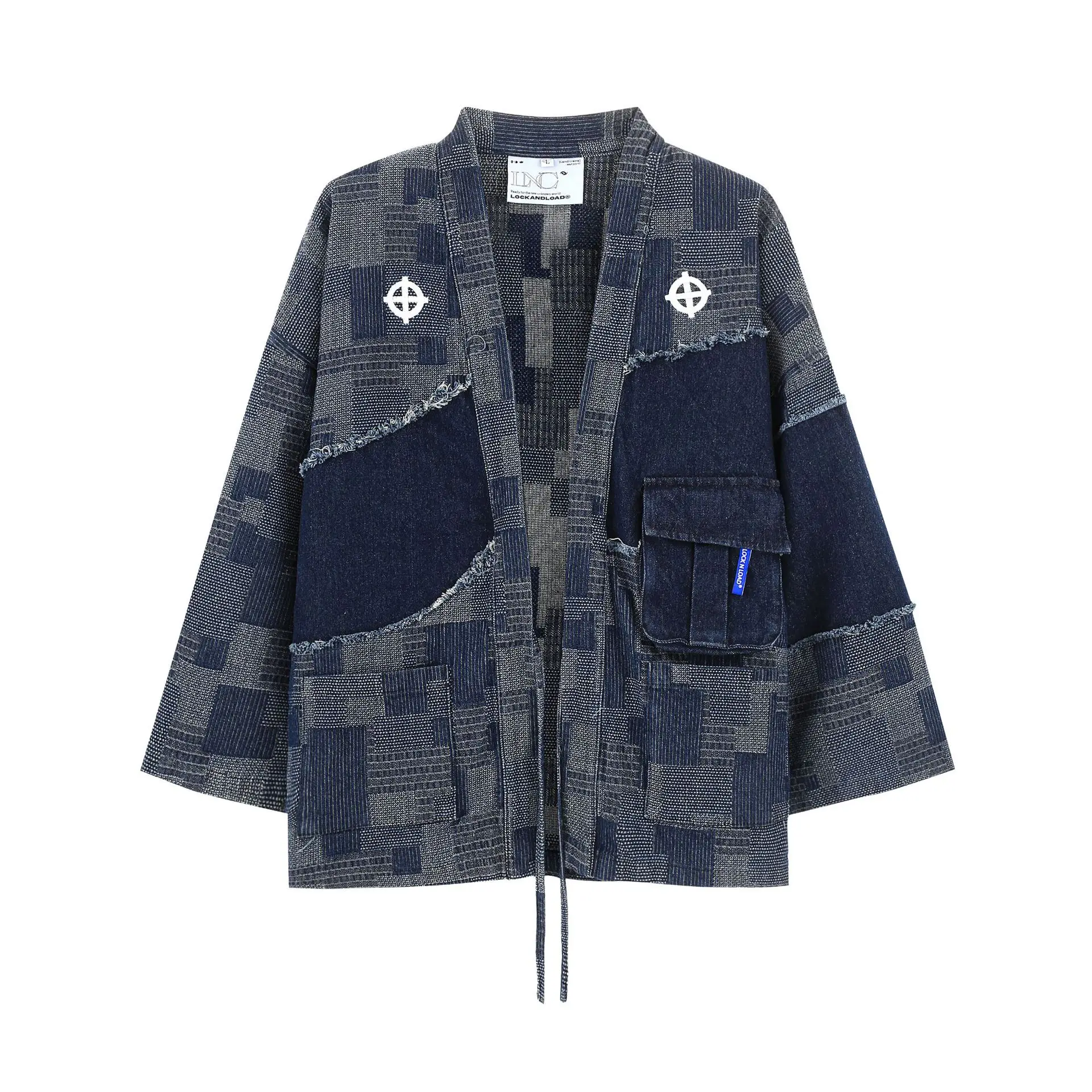 Autumn And Winter Japanese Original Vintage National Clash Colour Wash Rubbed Denim Taoist Robe Trend Cardigan Jacket Men
