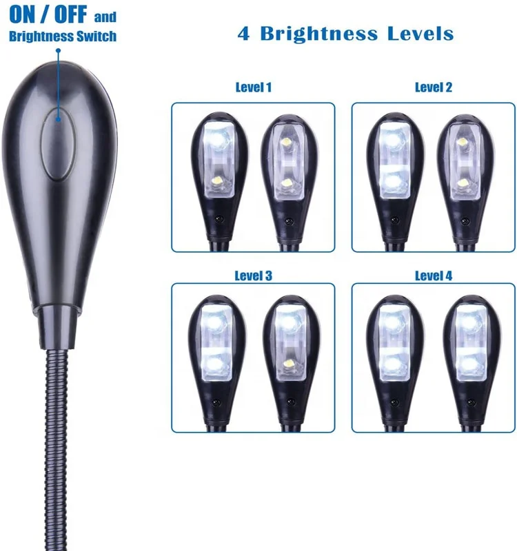 Music Stand Light Clip on LED Book Lights USB and AAA Battery Operated, Reading Lamp in Bed 4 Brightness Levels