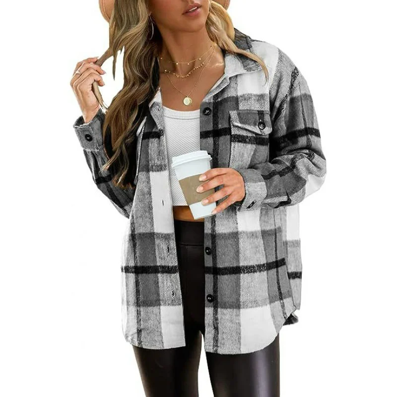 Vintage Stylish Pockets Oversized Plaid Jacket Coat Womens washed Plaid Shirts Button Down Flannel Long Sleeve Shirts Jackets