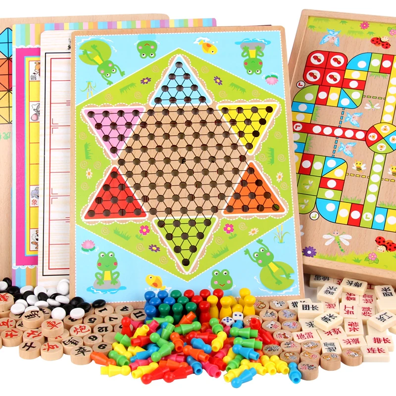 Hot Sale Classic Wooden Educational 2 in 1 Board Game Animal Flight Checkers Chess Game Board for Kids