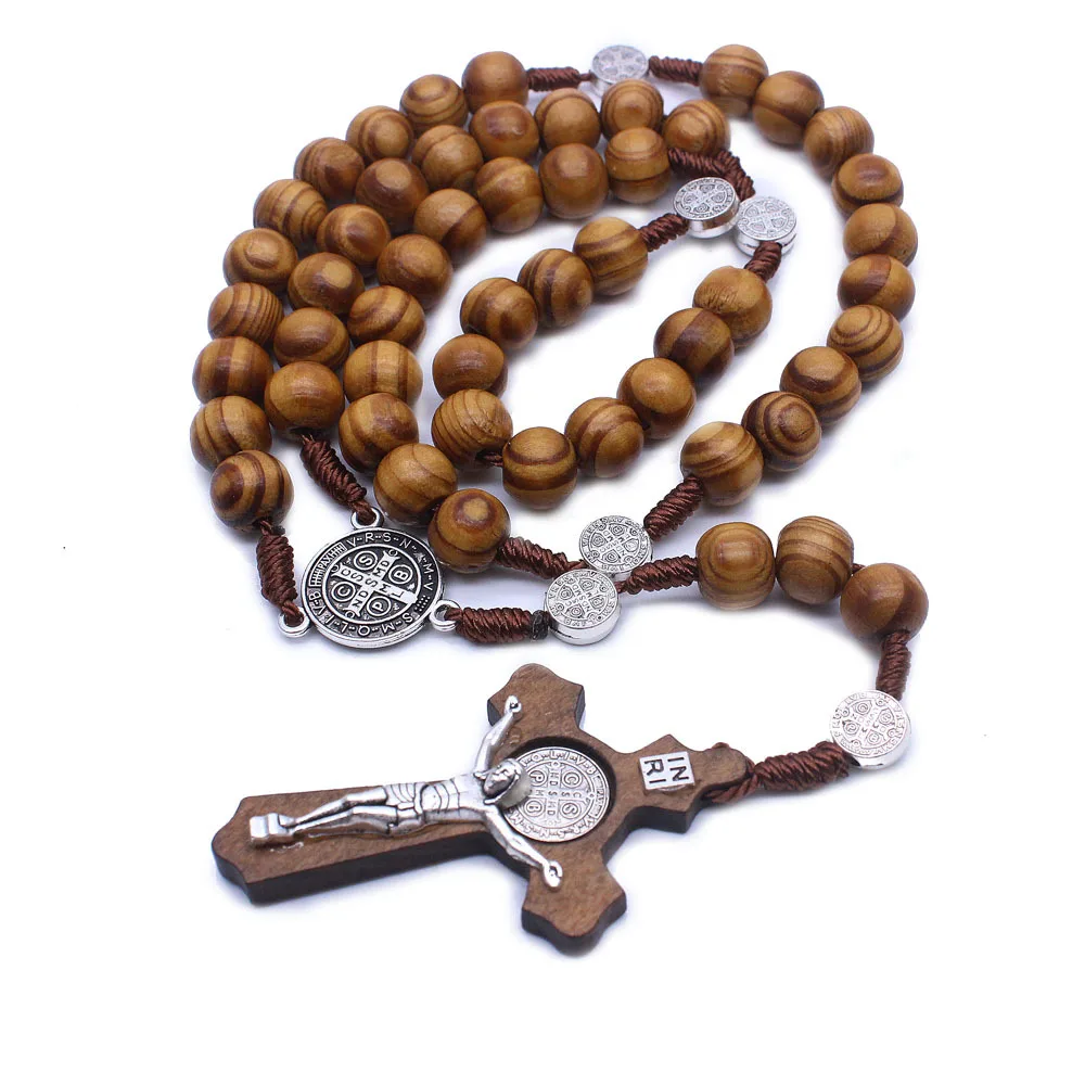 rosaries religious catholic wood beads rosary necklace Virgin Mary charm cross jesus necklace
