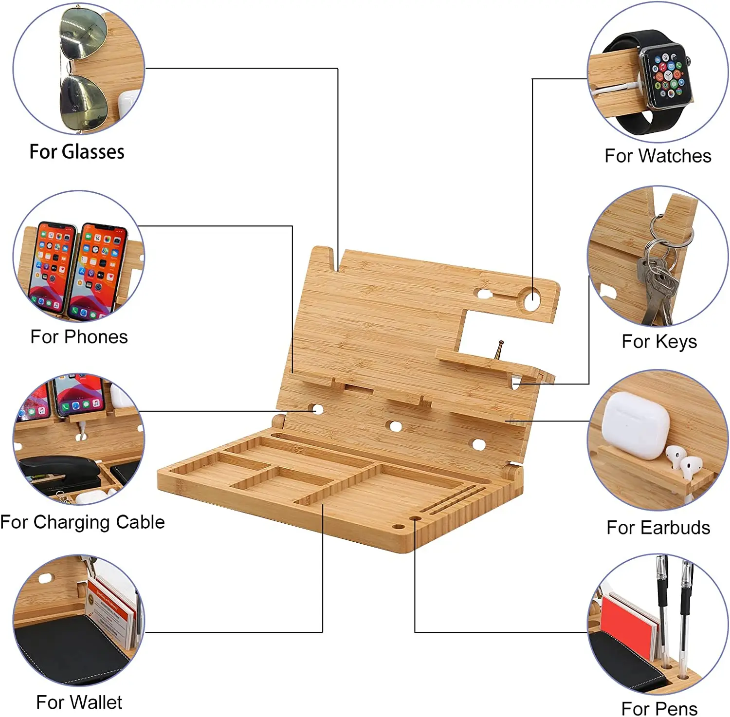 Bamboo Office Desk Organizer Wood Docking Holder Station For Phone Stand