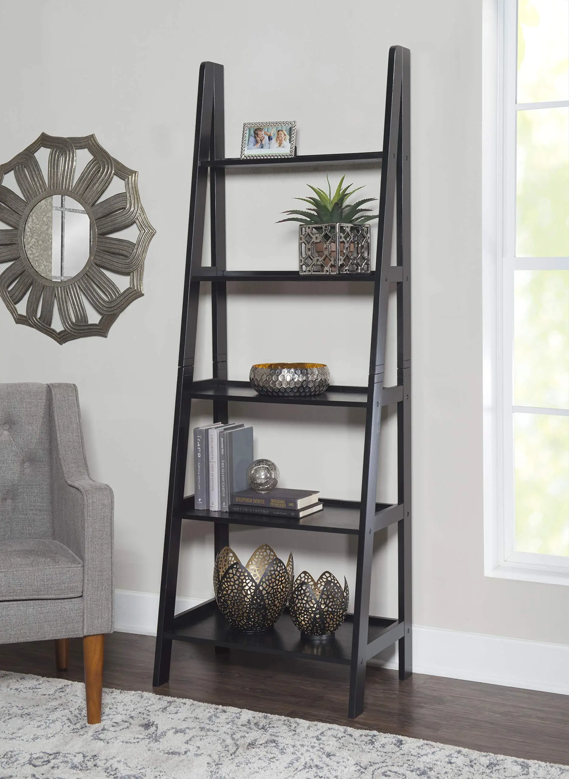 Hot Sale  Wooden White 5-tier Ladder Bookshelf Organizer Modern Bookcase With Solid Frame