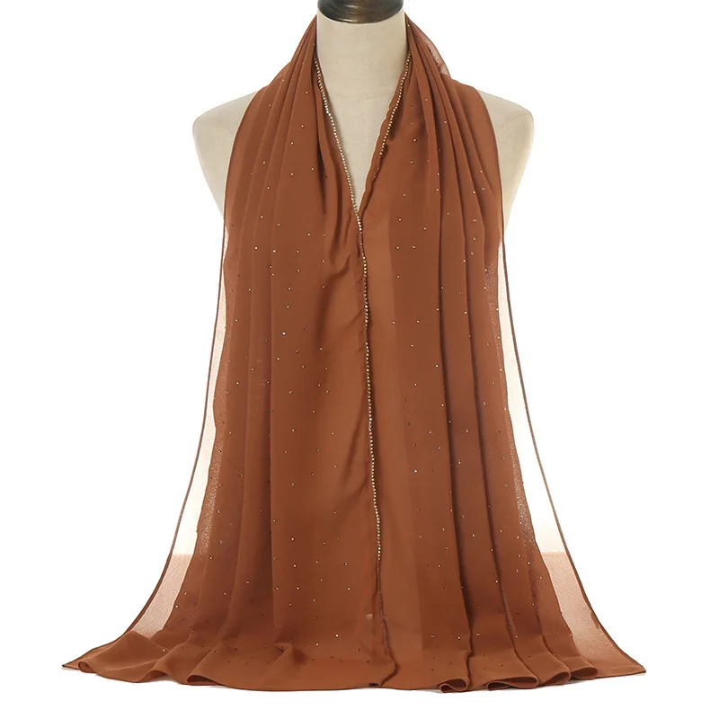 Новый однотонный шифоновый шарф с жемчугом и бриллиантами на весну лето длинные шарфы мусульманский хиджаб женский головные турбины 70*180 см