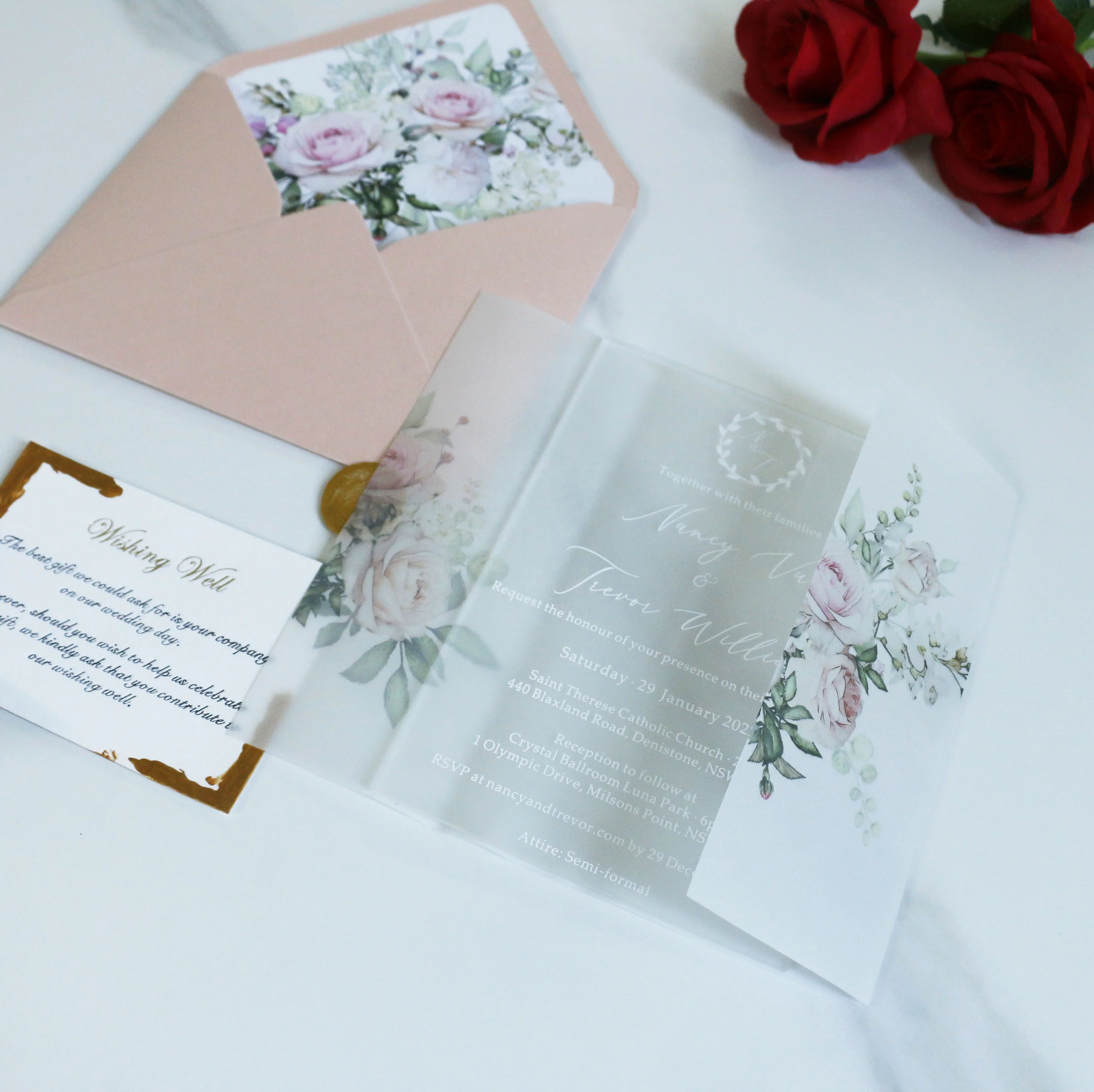 Customized Party Wedding Invitation Frosted Acrylic with Floral Design with Vellum Sleeve Vellum Paper Wrap and Wax Seal Stamp