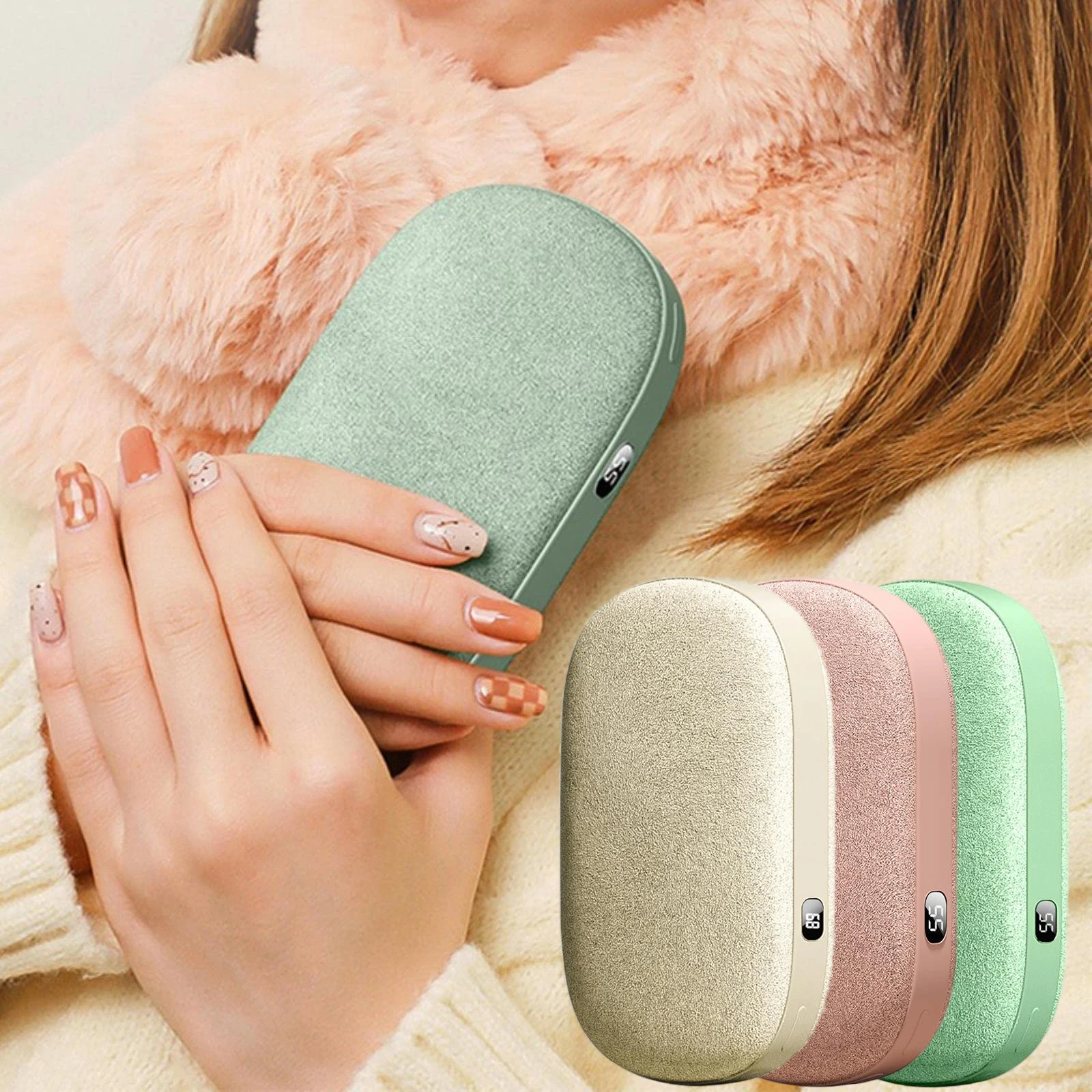 2 In 1 Mini Plush Surface Portable USB Charging Graphene Smart Warmer Heater For Warm Hand Home Travel With Display Power Bank