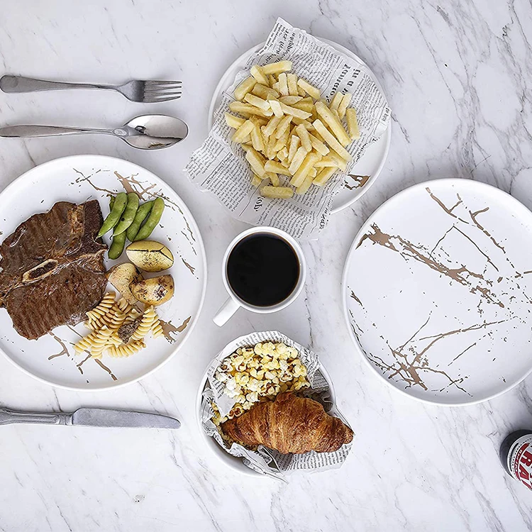 Luxury Modern Gold Marble Designer 16 Piece Germany Western Porcelain Ceramic Fine China Dinnerware Set For 4 Person