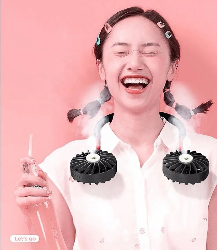 
2020 New Cooling Water Spray Mist Mini Usb Rechargeable Led Neckband Fan Hands Free Humidifier Neck Fan For Sports Home Office 