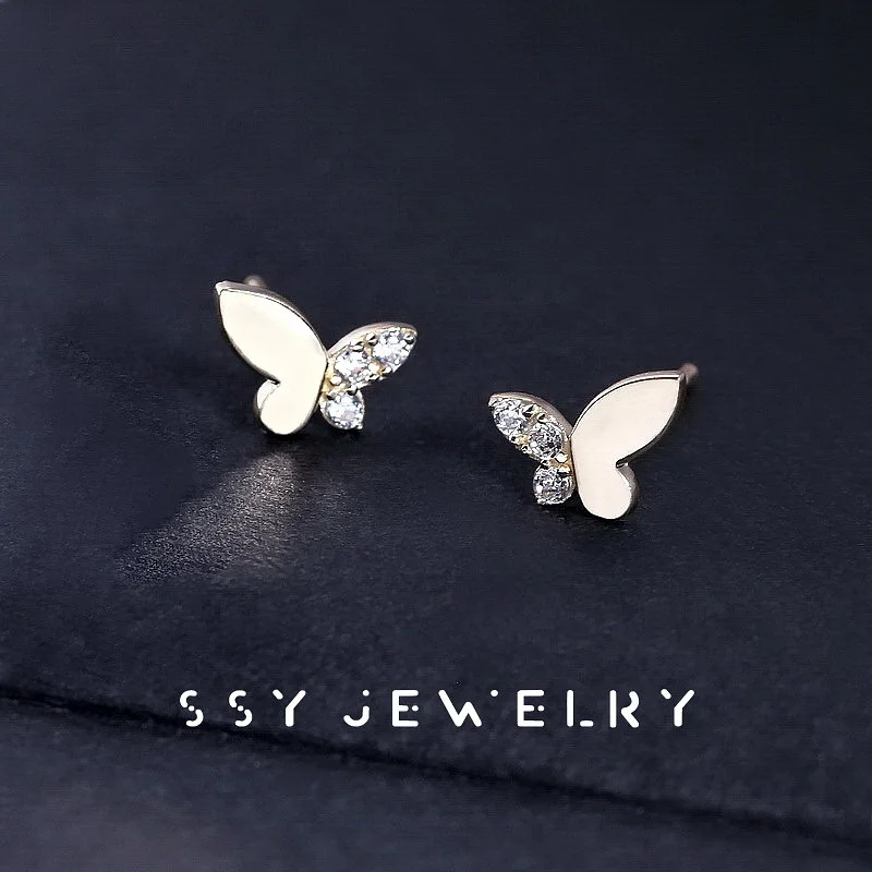 KREH45 S925 Sterling Silver Plated 14K Gold Butterfly Earrings Japanese Korean Style Zircon Inlaid Super Immortal Jewelry
