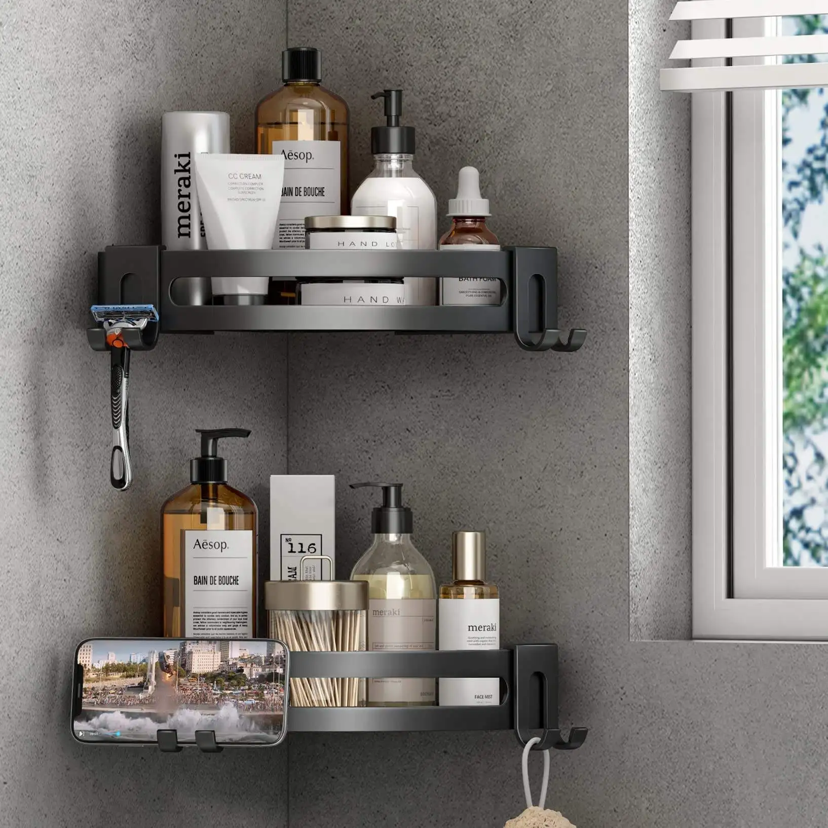Adhesive Shower Shelf Corner Shower Caddy with Razor Holder No Drilling Bathroom Shower Organizer