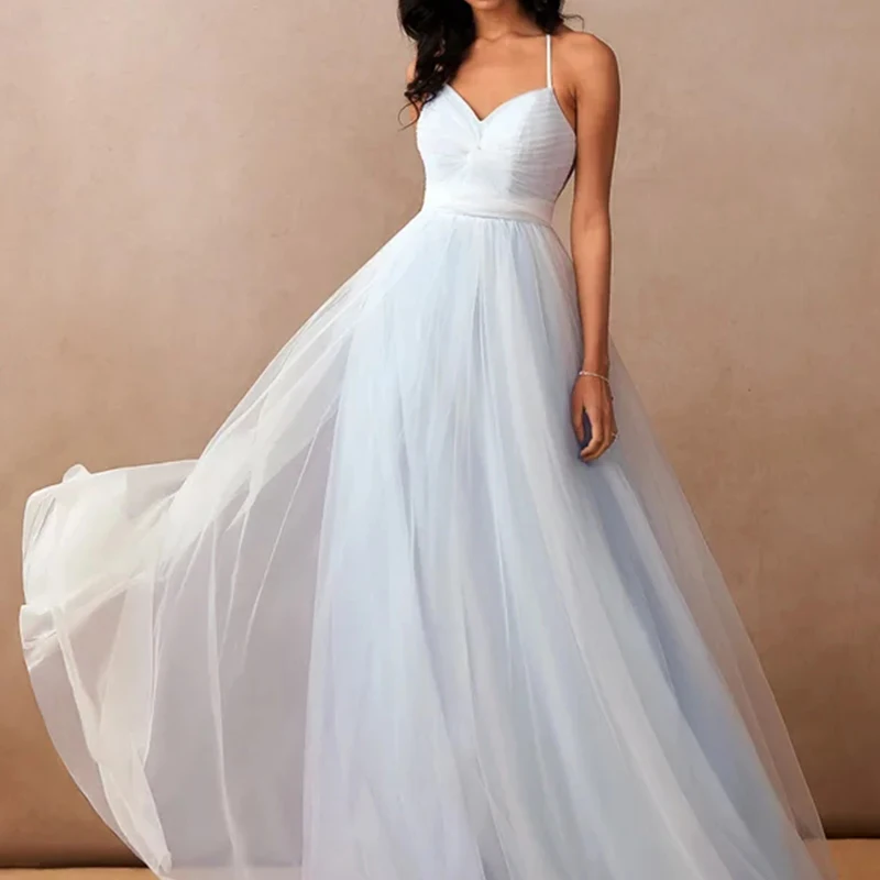 Custom Light Blue Floor Length Sleeveless Lace Elegant Women Party Dresses Long Evening Elegant