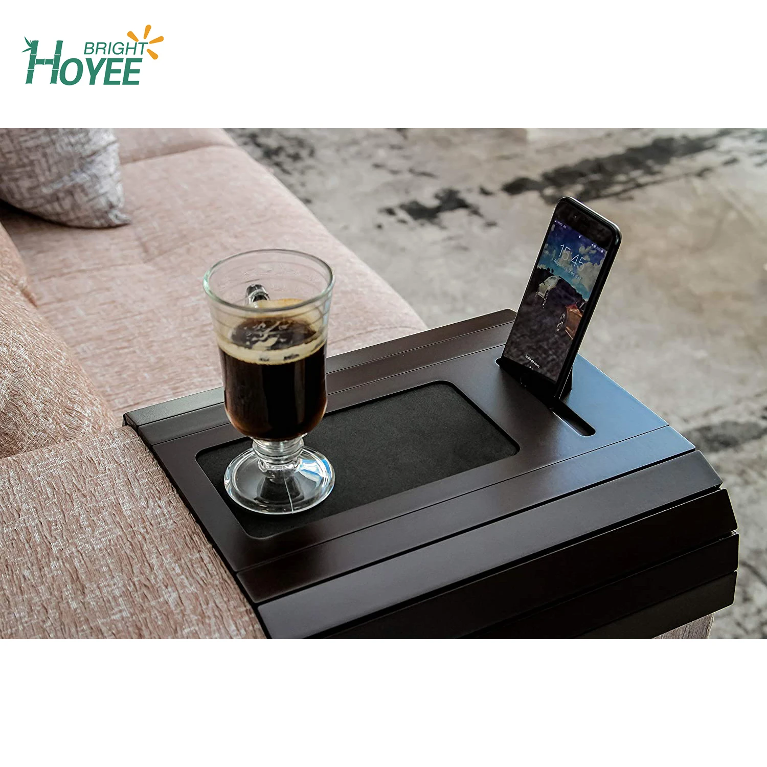 Foldable Sofa Arm Tray Caddy Foldable Bamboo Couch Arm Table wth EVA Base and Cellphone Holder for Living room